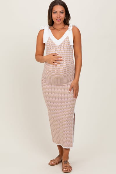 PinkBlush Lavender Chevron Knit Shoulder Tie Maternity Midi Dress