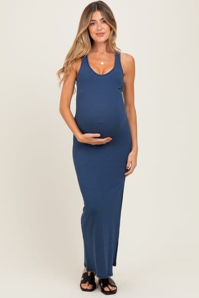 PinkBlush Navy Striped Side Slit Maternity Maxi Dress