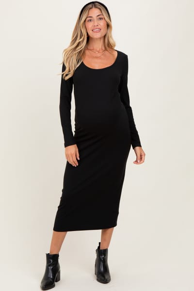 PinkBlush Black Scoop Neck Long Sleeve Maternity Midi Dress