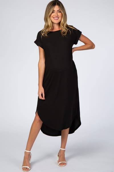 Rhea + Thea Black Ribbed Curved Hem Maternity Midi Dress