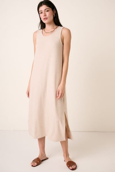 Mitto Beige Ribbed Sleeveless Midi Dress
