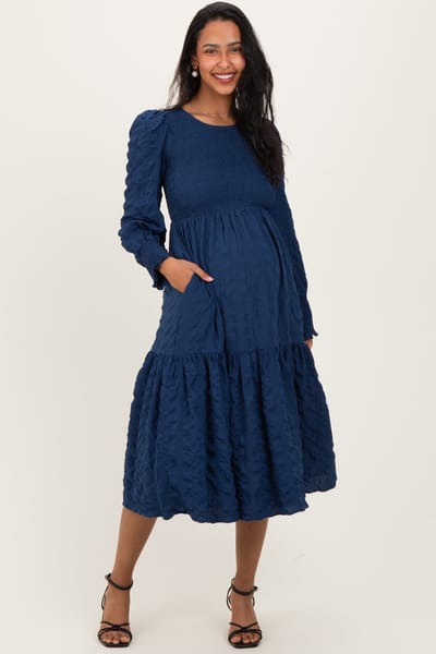 Elloh Navy Textured Stripe Smocked Maternity Midi Dress