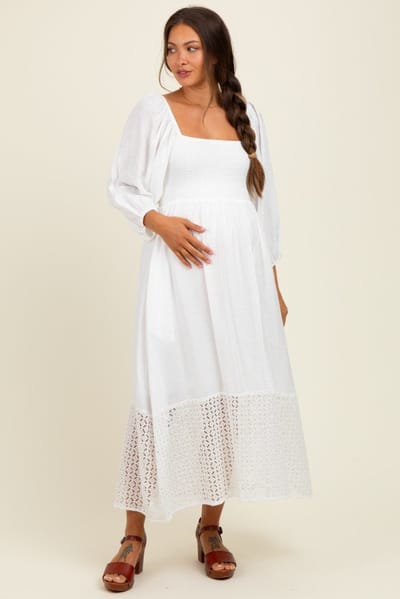 Hem & Thread White Eyelet Contrast Smocked Bubble Sleeve Maternity Midi Dress
