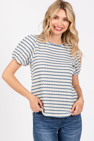Rhea + Thea Light Blue Striped Textured Puff Sleeve Top