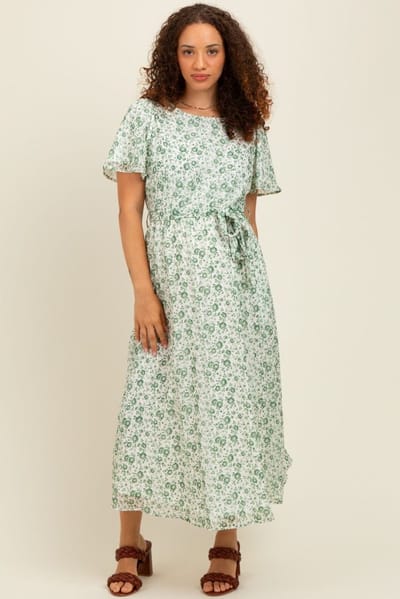 PinkBlush Light Olive Floral Waist Tie Maternity Midi Maxi Dress