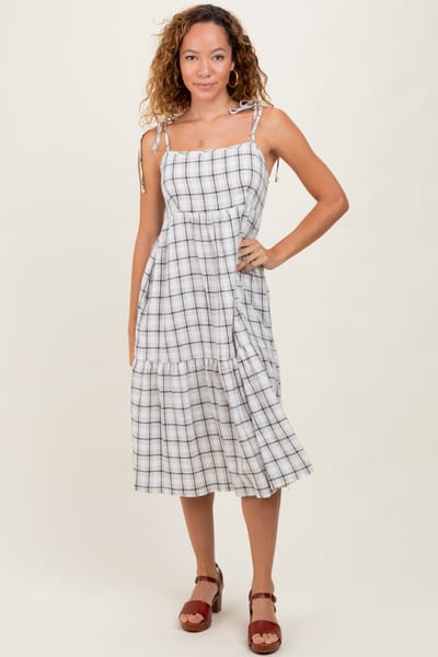 No Less Than Ivory Plaid Shoulder Tie Midi Dress
