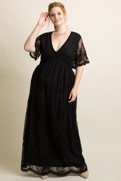 Rhea + Thea PinkBlush Black Lace Mesh Overlay Plus Maxi Dress