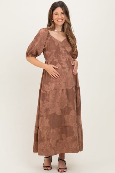 PinkBlush Brown Floral Textured Tiered Midi Maternity Dress