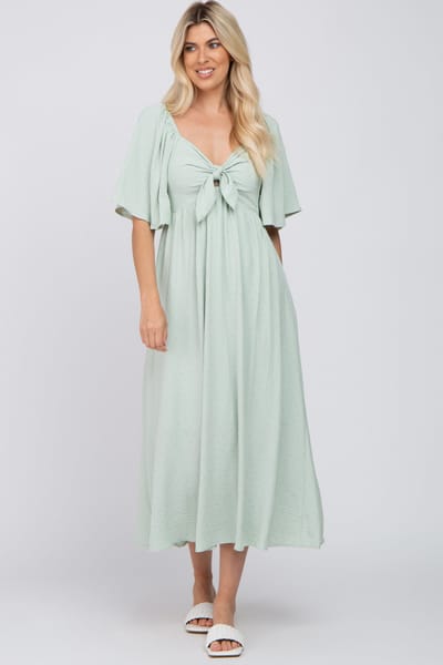 Lime N Chili Mint Green Textured Dot Front Tie Ruffle Sleeve Midi Dress