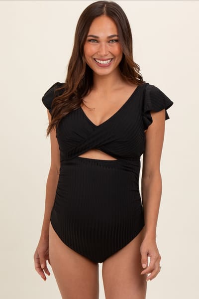 Charmo Black Ribbed Ruched Cutout Flutter One Piece Maternity Swimsuit