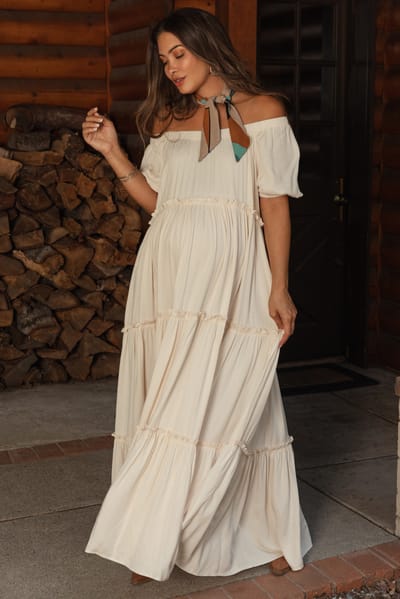 Fore Collection Cream Off Shoulder Ruffle Tiered Maternity Maxi Dress
