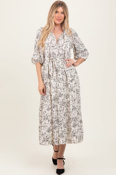 Polagram Cream Floral Neck Tie Midi Dress
