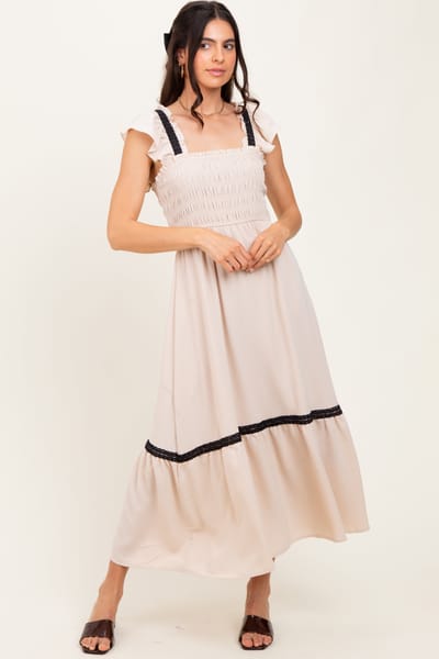 Mine and E&M Beige Smocked Lace Detail Midi Dress