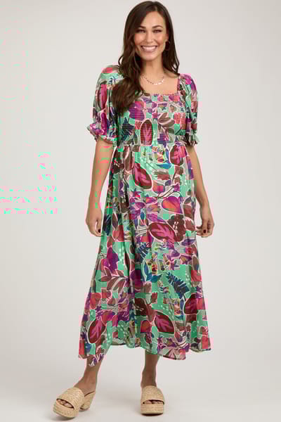 Peach Love Cream Mint Green Floral Puff Sleeve Maternity Maxi Dress