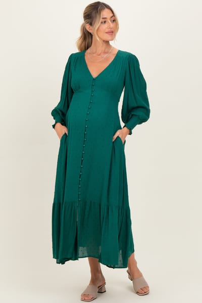 In Loom Evergreen Swiss Dot Button Down Maternity Maxi Dress