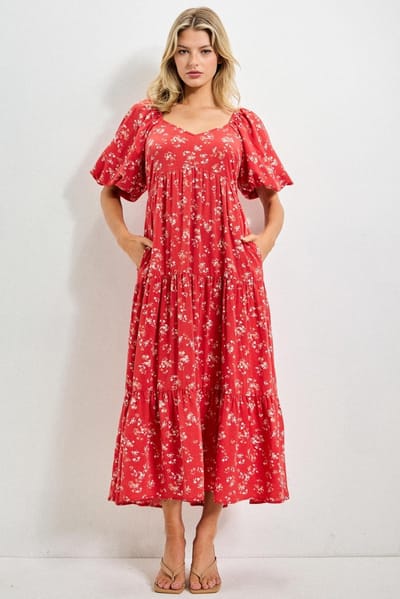 BaeVely Red Floral Tiered Puff Sleeve Midi Dress