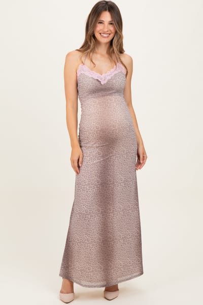 Blue Blush Light Pink Animal Print Lace Trim Sleeveless Maternity Maxi