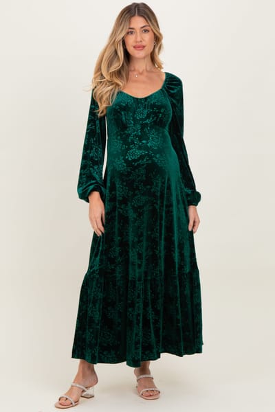 PinkBlush Emerald Green Velvet Jacquard Floral Maternity Maxi Dress