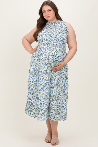 Sugarlips Blue Floral Smocked Sleeveless Maternity Plus Midi Dress