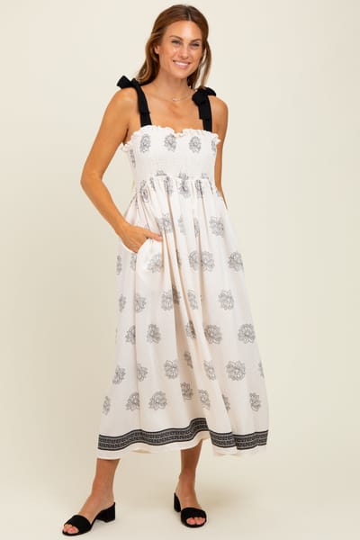 Rhea + Thea Cream/Black Vintage Floral Border Printed Smocked Top Sleeveless Maxi Dress