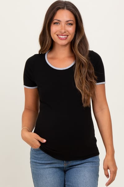 Rhea + Thea Black Solid Ribbed Short Sleeve Basic Maternity Top