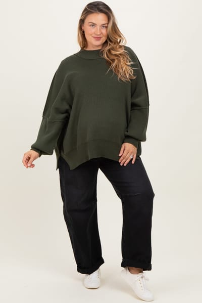 Zenana Outfitters Olive Mock Neck Exposed Seam Maternity Sweater