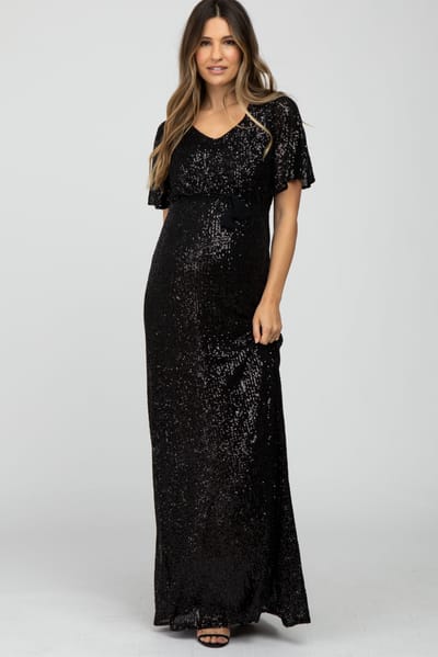 Ricarica Black Sequin Short Sleeve Maternity Maxi Dress