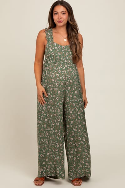 Elloh Olive Back Cutout Wide Leg Maternity Jumpsuit