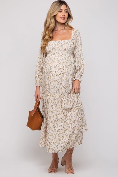 Elloh Cream Floral Smocked Long Sleeve Maternity Maxi Dress