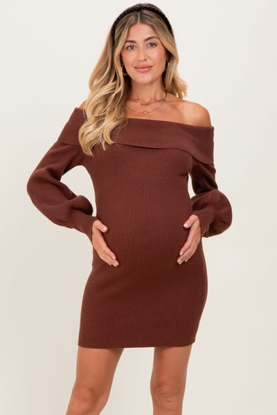 Illa Illa Brown Off The Shoulder Maternity Sweater Dress