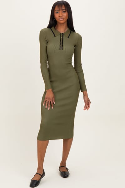 Blu Pepper Olive Contrast Trim Ribbed Knit Button Up Midi Dress