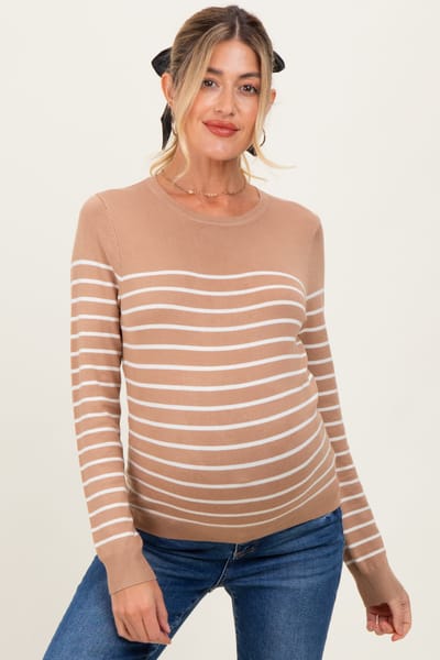 Staccato Camel Striped Knit Maternity Long Sleeve Top