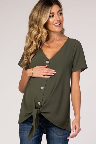 FSL APPAREL Light Olive Button Tie Front Maternity Top