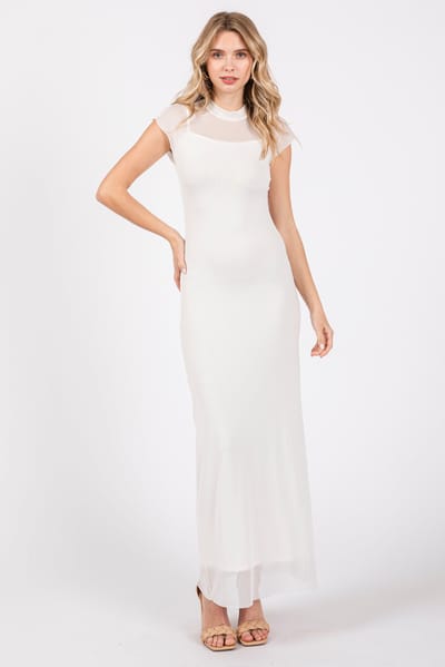 Fore Collection Ivory Mock Neck Sleeveless Mesh Midi Dress