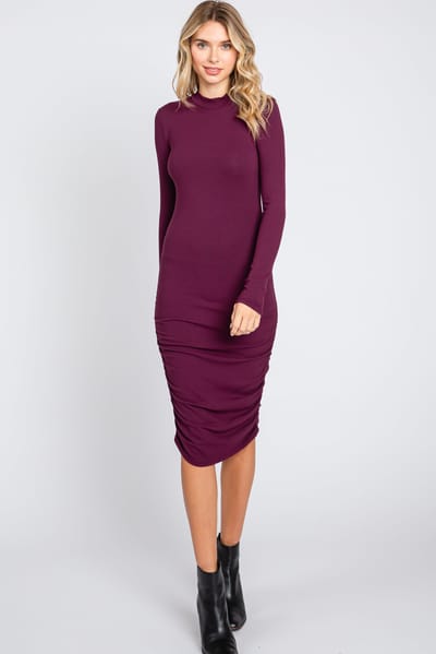 Popular 21 Plum Ribbed Mock Neck Ruched Long Sleeve Dress