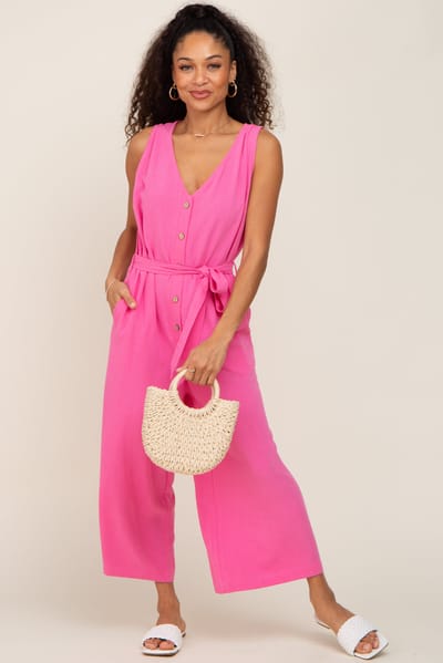 Eesome Pink Sleeveless Button Front Cropped Jumpsuit