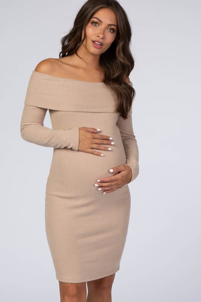 PinkBlush Mocha Soft Ribbed Folded Neck Off Shoulder Maternity Dress