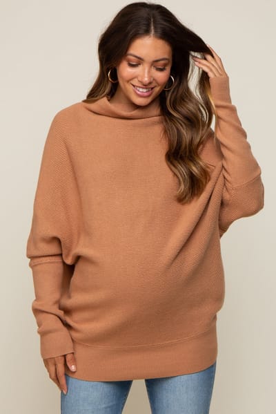 Bluivy Light Camel Funnel Neck Dolman Sleeve Maternity Sweater