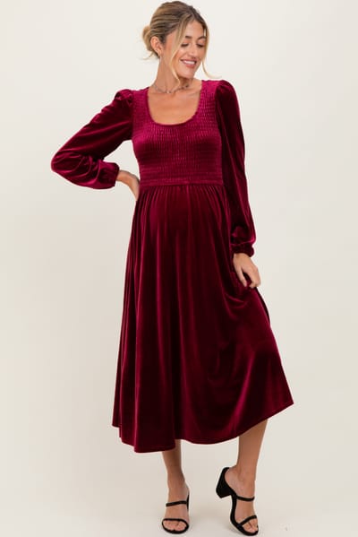 Mine and E&M Burgundy Velvet Smocked Long Sleeve Maternity Midi Dress