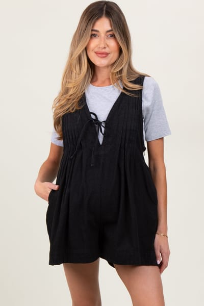 Veveret Black Deep V-Neck Pleated Front Tie Sleeveless Maternity Romper