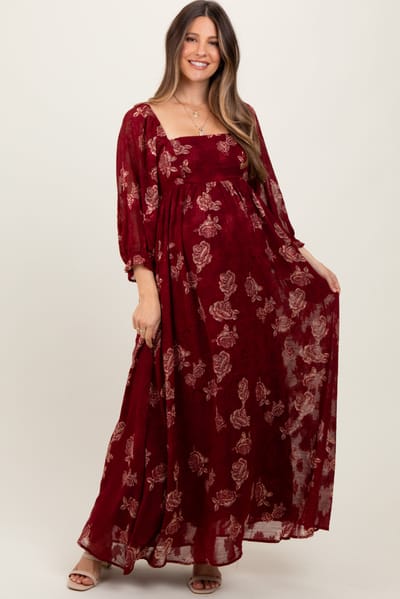 PinkBlush Burgundy Multi Floral Textured Peasant Babydoll Maxi Dress