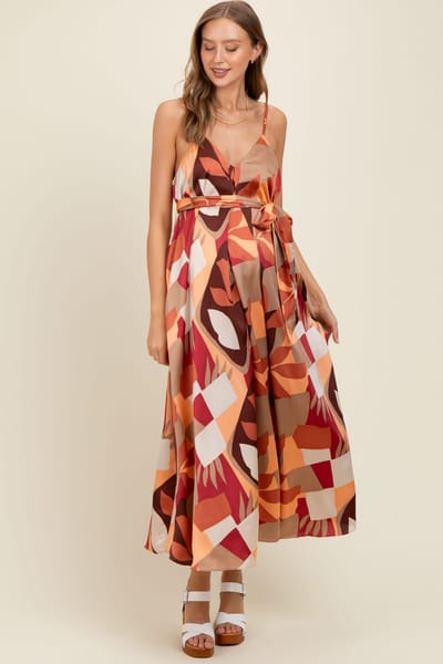PinkBlush Rust Geometric Print Sash Tie Maternity Maxi Dress