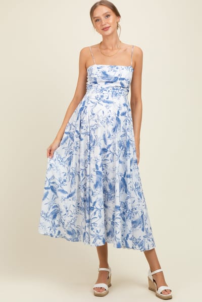 PinkBlush Blue Spaghetti Strap Printed A-Line Maternity Midi Dress