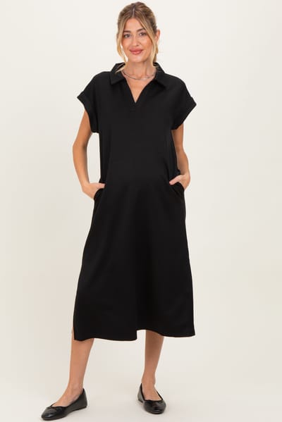 PinkBlush Black Collared Oversized Maternity Midi Dress