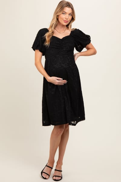 Tea N Rose Black Lace Puff Sleeve Maternity Dress