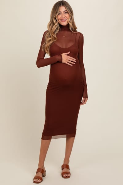 PinkBlush Brown Mesh Overlay Fitted Maternity Midi Dress