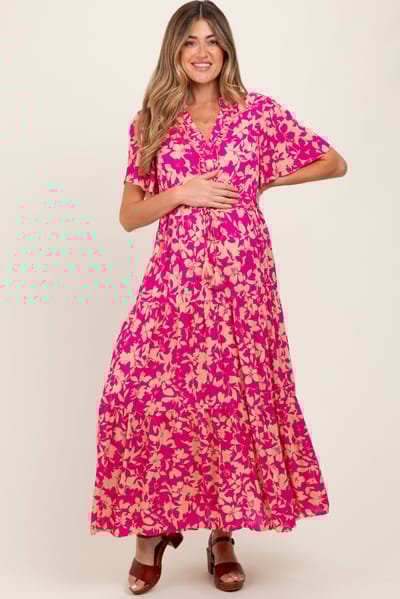 Easel Fuchsia Button Ruffle Detail Maternity Maxi Dress