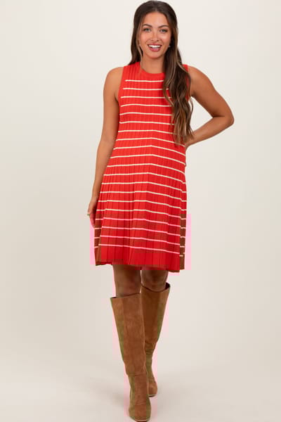 PinkBlush Orange Ribbed Pleated Knit Sleeveless Maternity Mini Dress