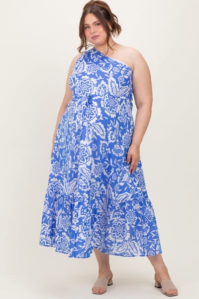 Sugarlips Royal Blue Floral One Shoulder Maternity Plus Maxi Dress