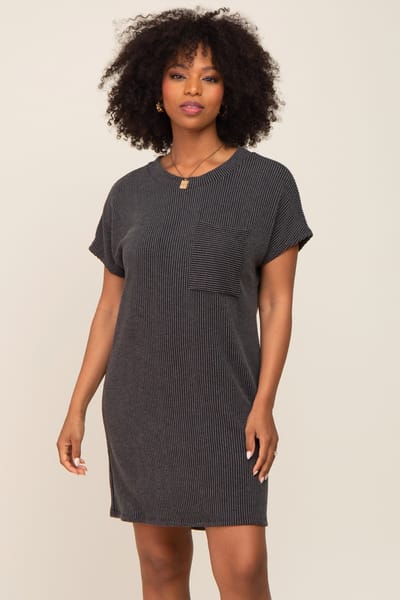 Rhea + Thea Charcoal Ribbed Front Pocket Dolman Short Sleeve Dress